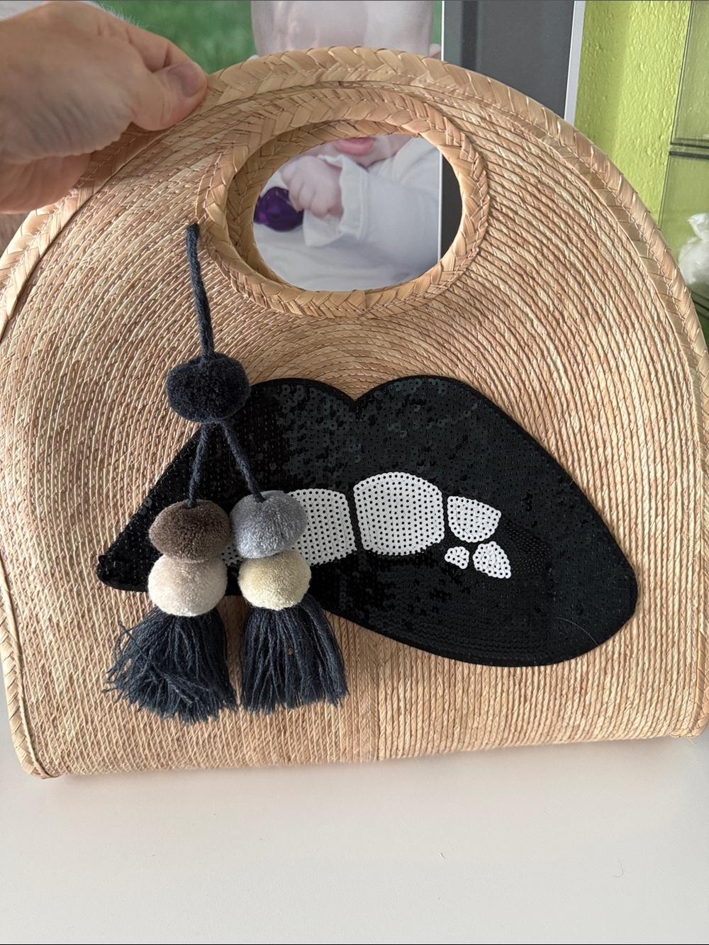 Straw  Tote with Black Sequin Lip Patch and Pom Tassels- NEW